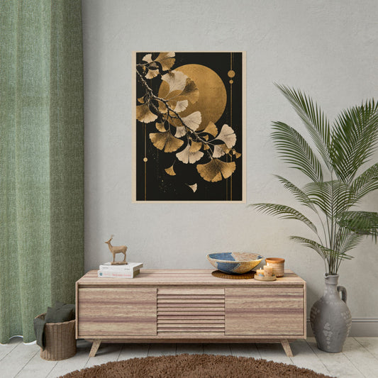 Golden Ginkgo Moon Rolled Poster | Golden Moonlight Wall Art