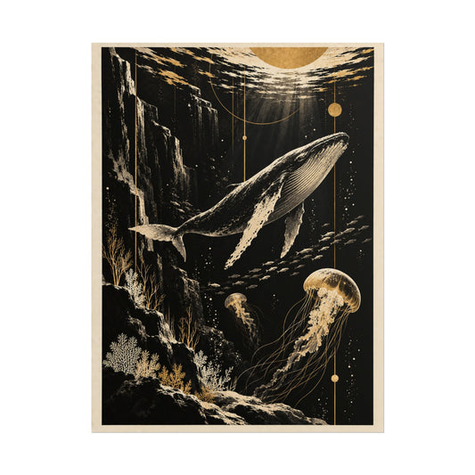 Golden Whale and Jellyfish Rolled Poster | Golden Moonlight Wall Art