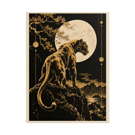 Golden Panther Moon Rolled Poster | Golden Moonlight Wall Art