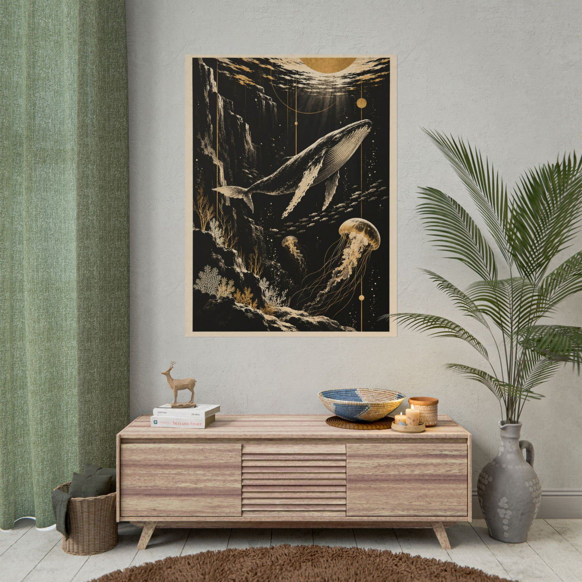 Golden Whale and Jellyfish Wall Art | Golden Moonlight