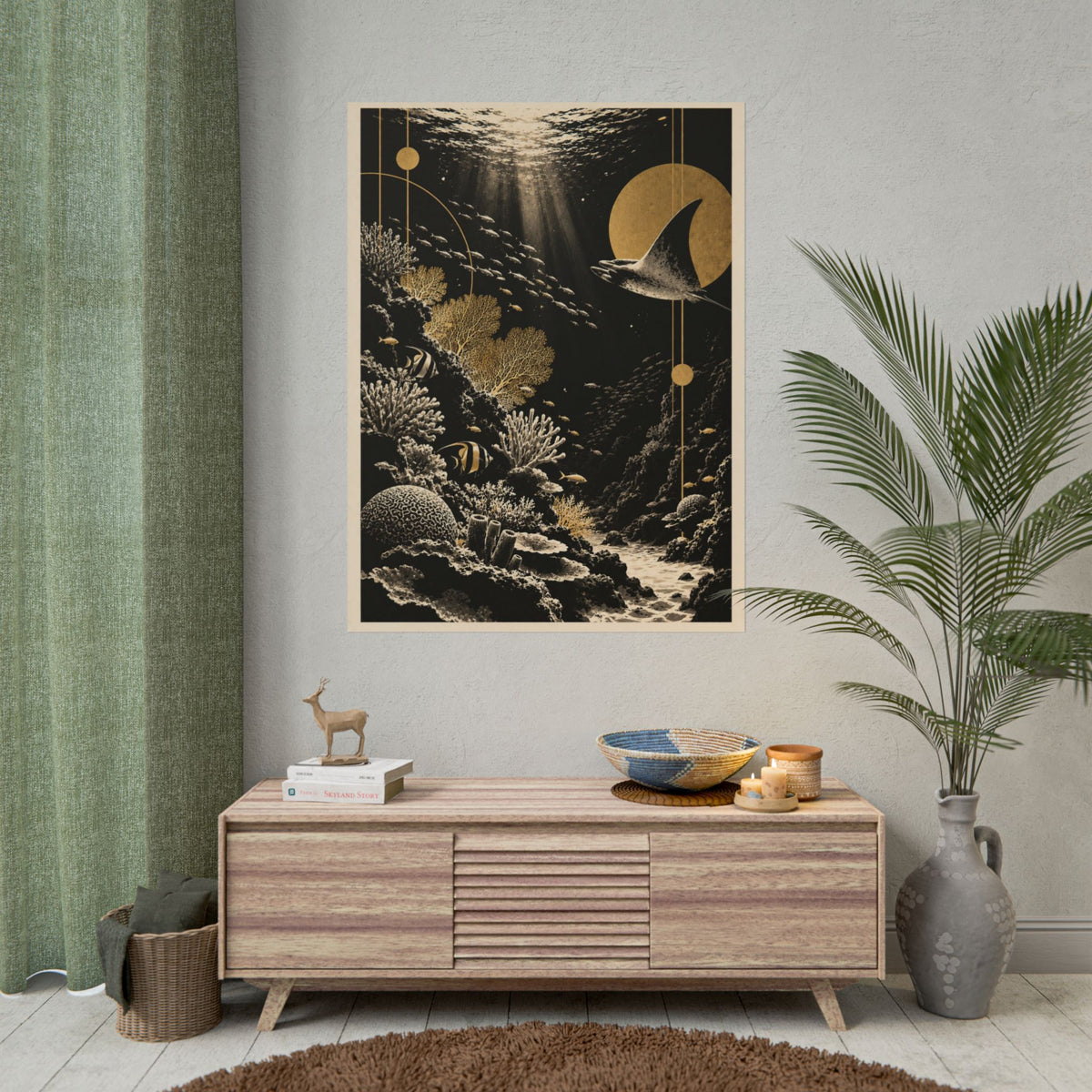 Golden Manta Ray Coral Reef Wall Art | Golden Moonlight