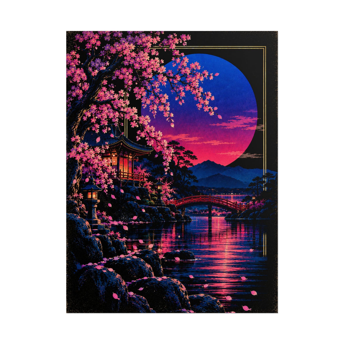Japanese Cherry Blossom Nightscape Print / Poster | Neon Nights