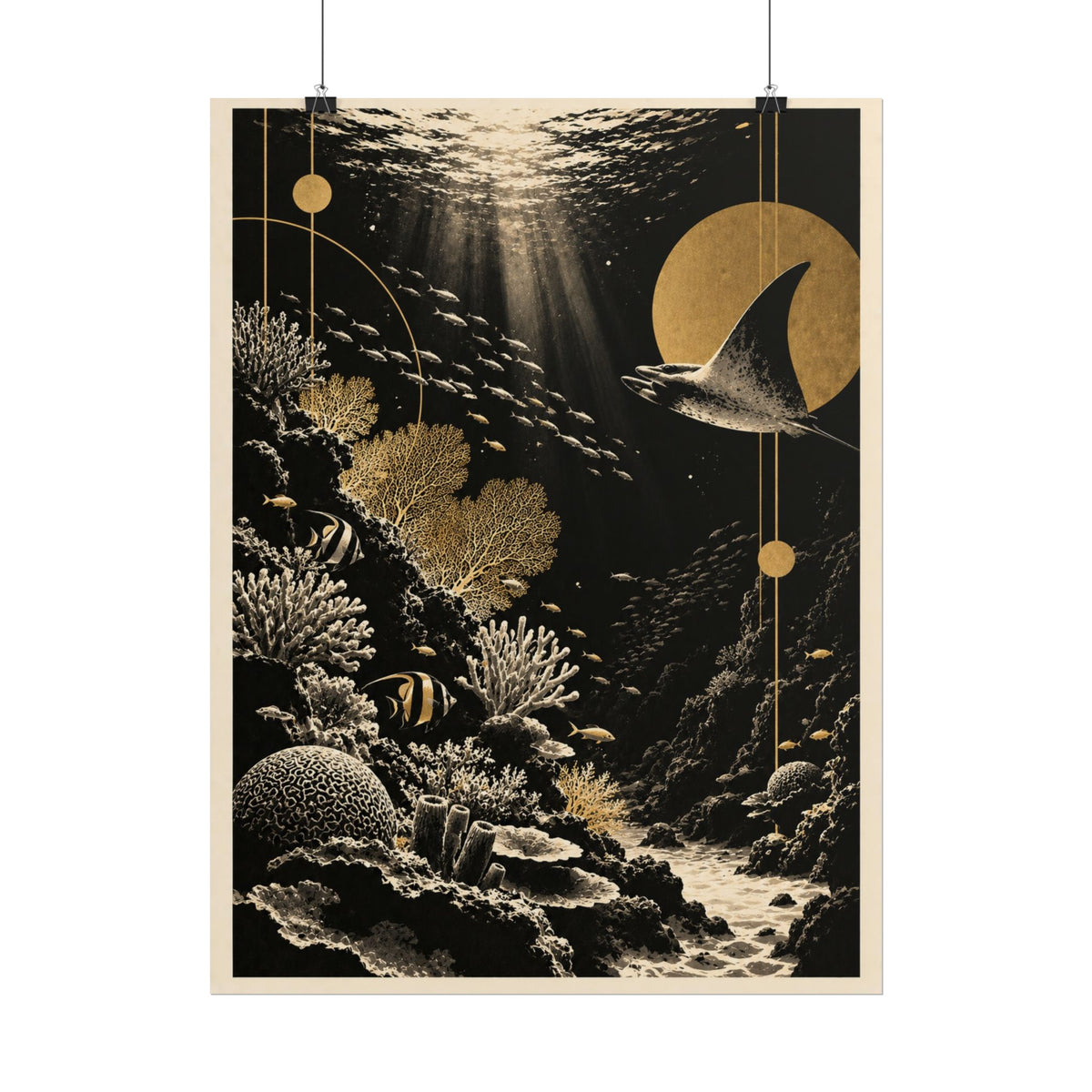 Golden Manta Ray Coral Reef Wall Art | Golden Moonlight