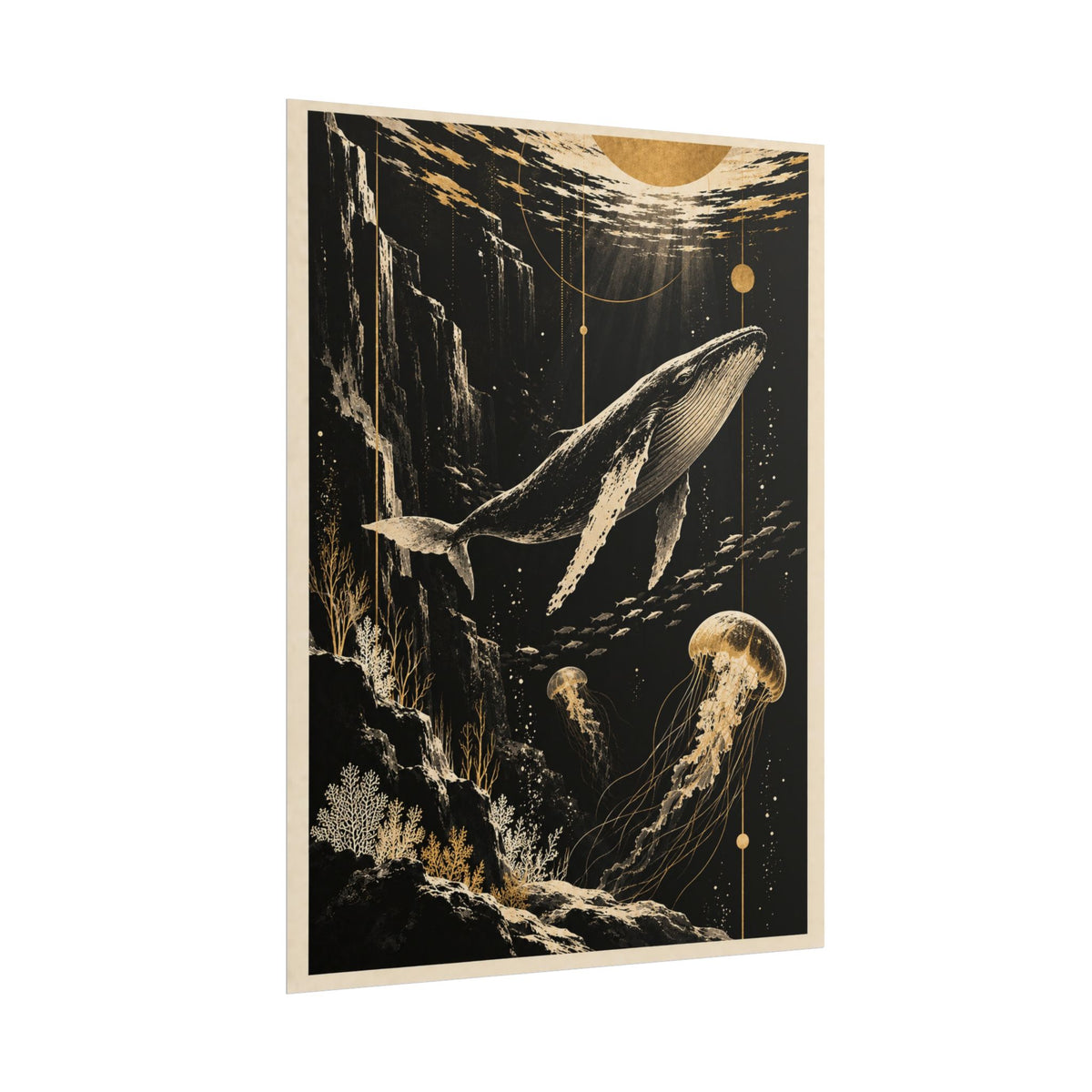 Golden Whale and Jellyfish Wall Art | Golden Moonlight