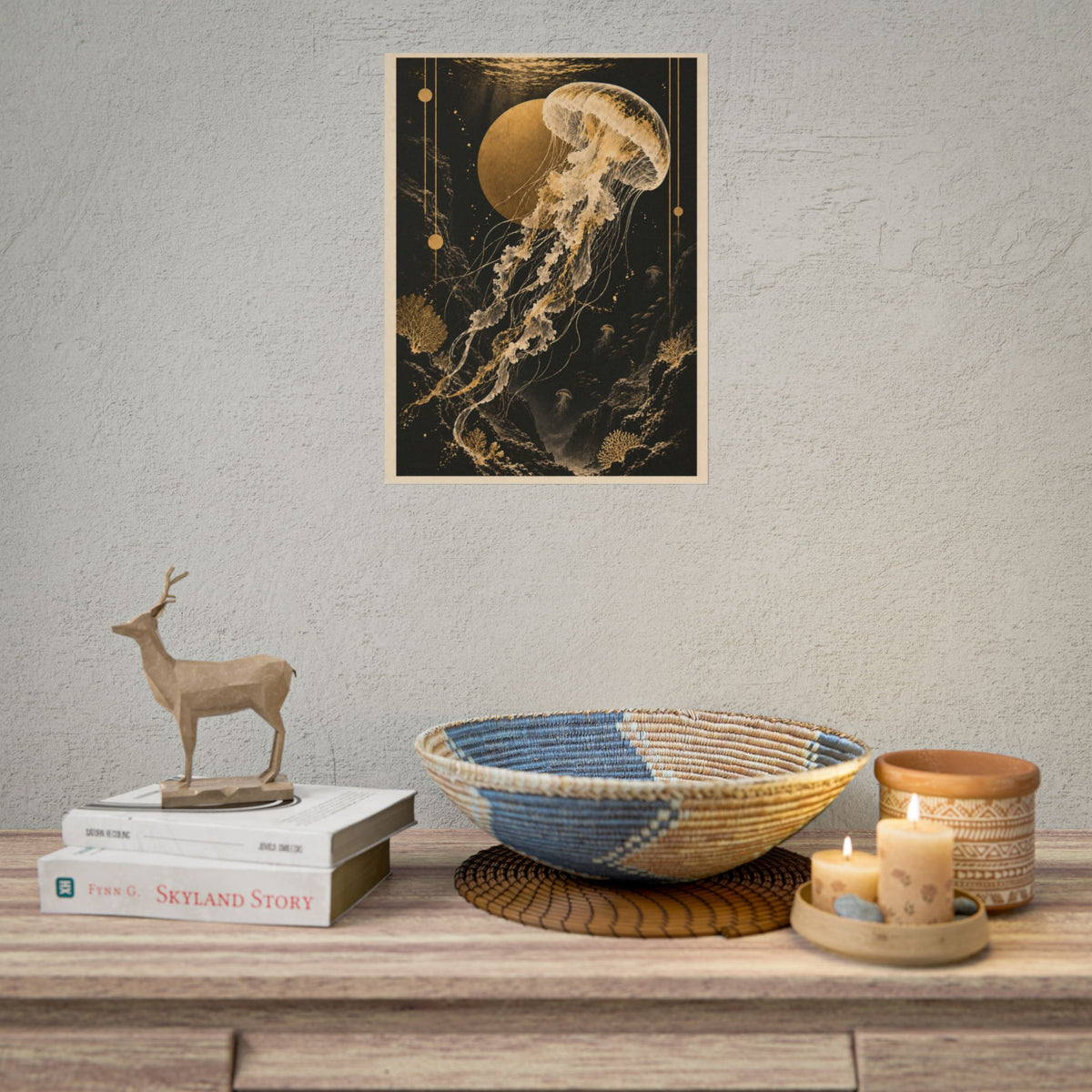 Golden Jellyfish Poster Wall Art | Golden Moonlight