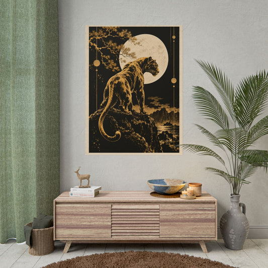 Golden Panther Moon Rolled Poster | Golden Moonlight Wall Art