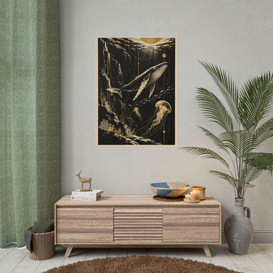 Golden Whale and Jellyfish Rolled Poster | Golden Moonlight Wall Art