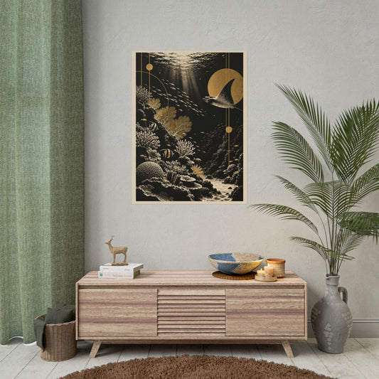 Golden Manta Ray Coral Reef Rolled Poster | Golden Moonlight Wall Art