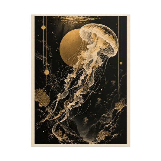 Golden Jellyfish Poster Rolled Poster | Golden Moonlight Wall Art