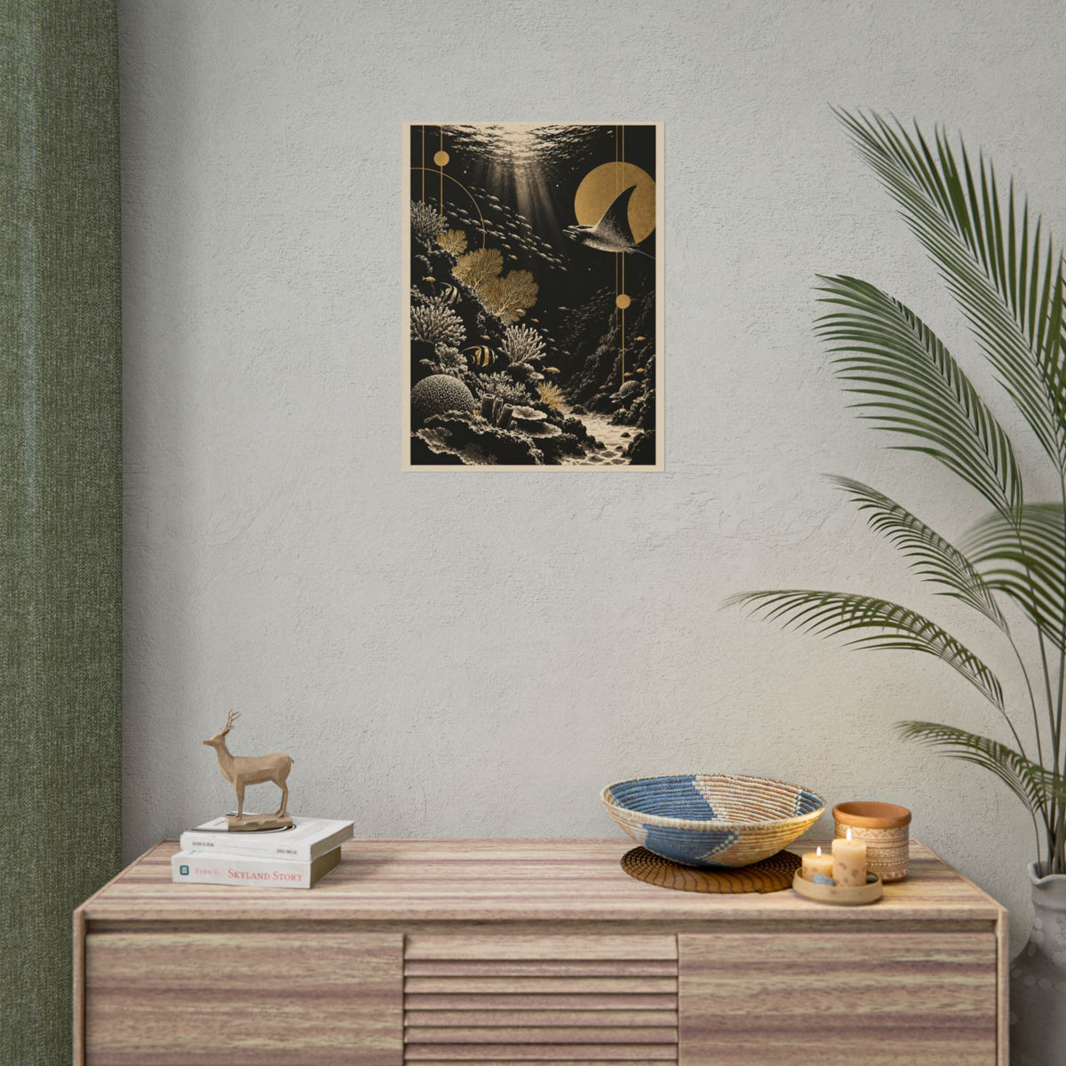 Golden Manta Ray Coral Reef Wall Art | Golden Moonlight