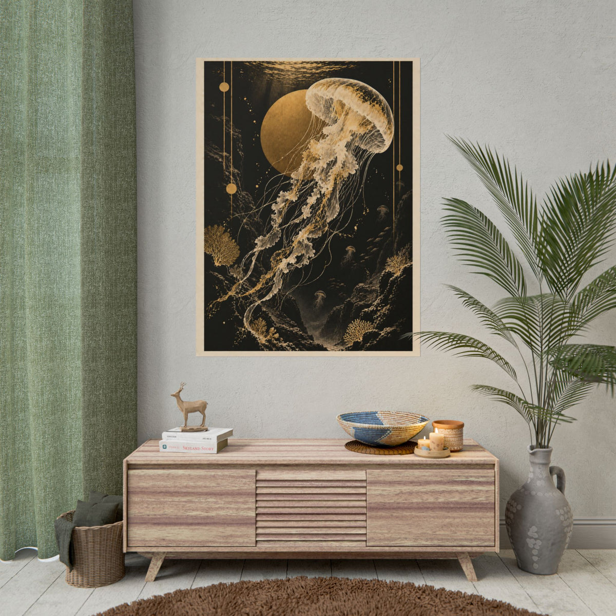 Golden Jellyfish Poster Wall Art | Golden Moonlight