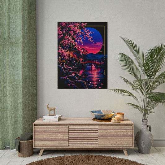 Japanese Cherry Blossom Nightscape Print / Poster | Neon Nights