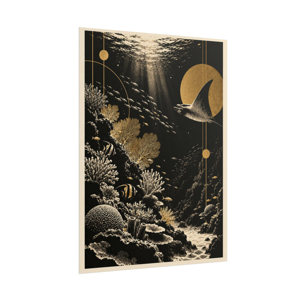 Golden Manta Ray Coral Reef Wall Art | Golden Moonlight