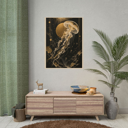 Golden Jellyfish Poster Rolled Poster | Golden Moonlight Wall Art
