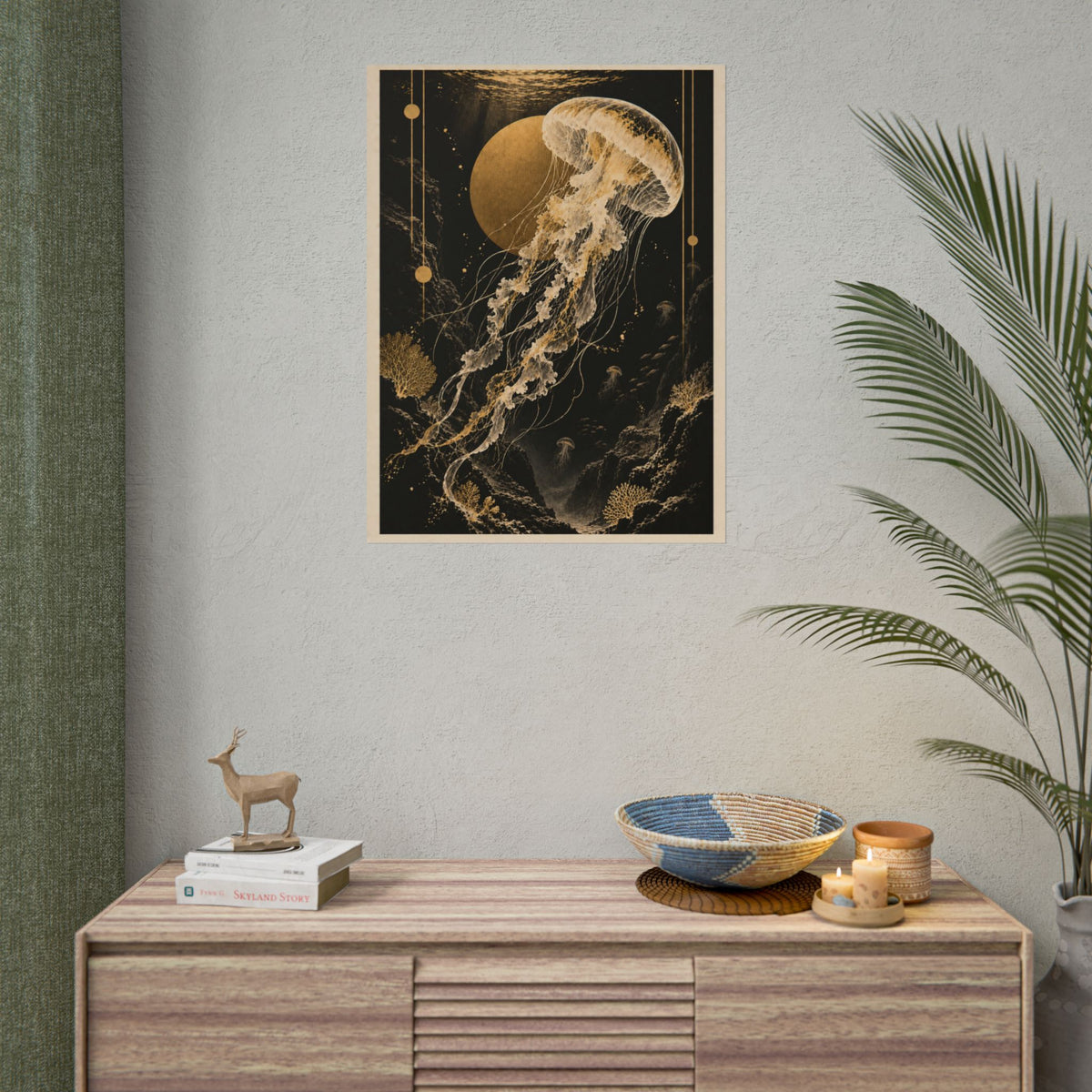 Golden Jellyfish Poster Wall Art | Golden Moonlight