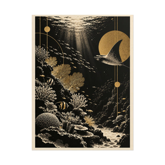Golden Manta Ray Coral Reef Rolled Poster | Golden Moonlight Wall Art