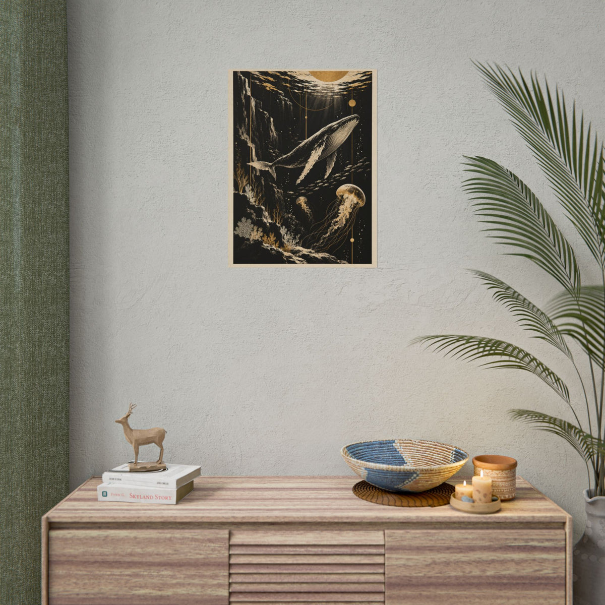 Golden Whale and Jellyfish Wall Art | Golden Moonlight