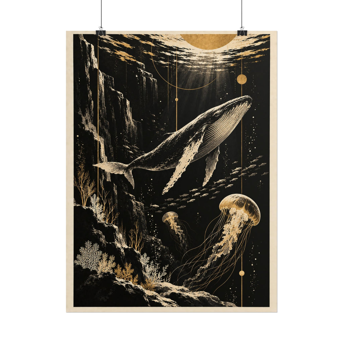 Golden Whale and Jellyfish Wall Art | Golden Moonlight