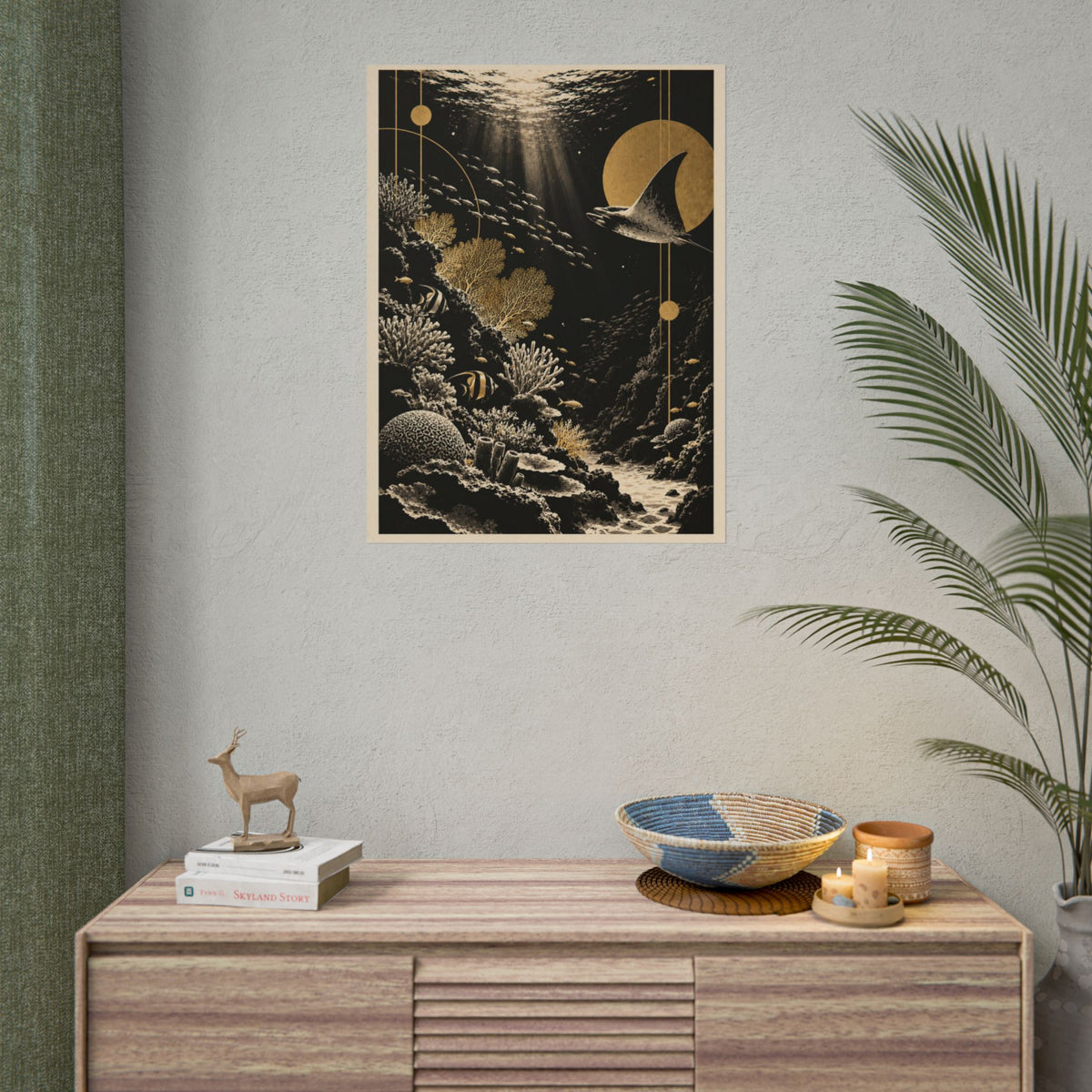 Golden Manta Ray Coral Reef Wall Art | Golden Moonlight