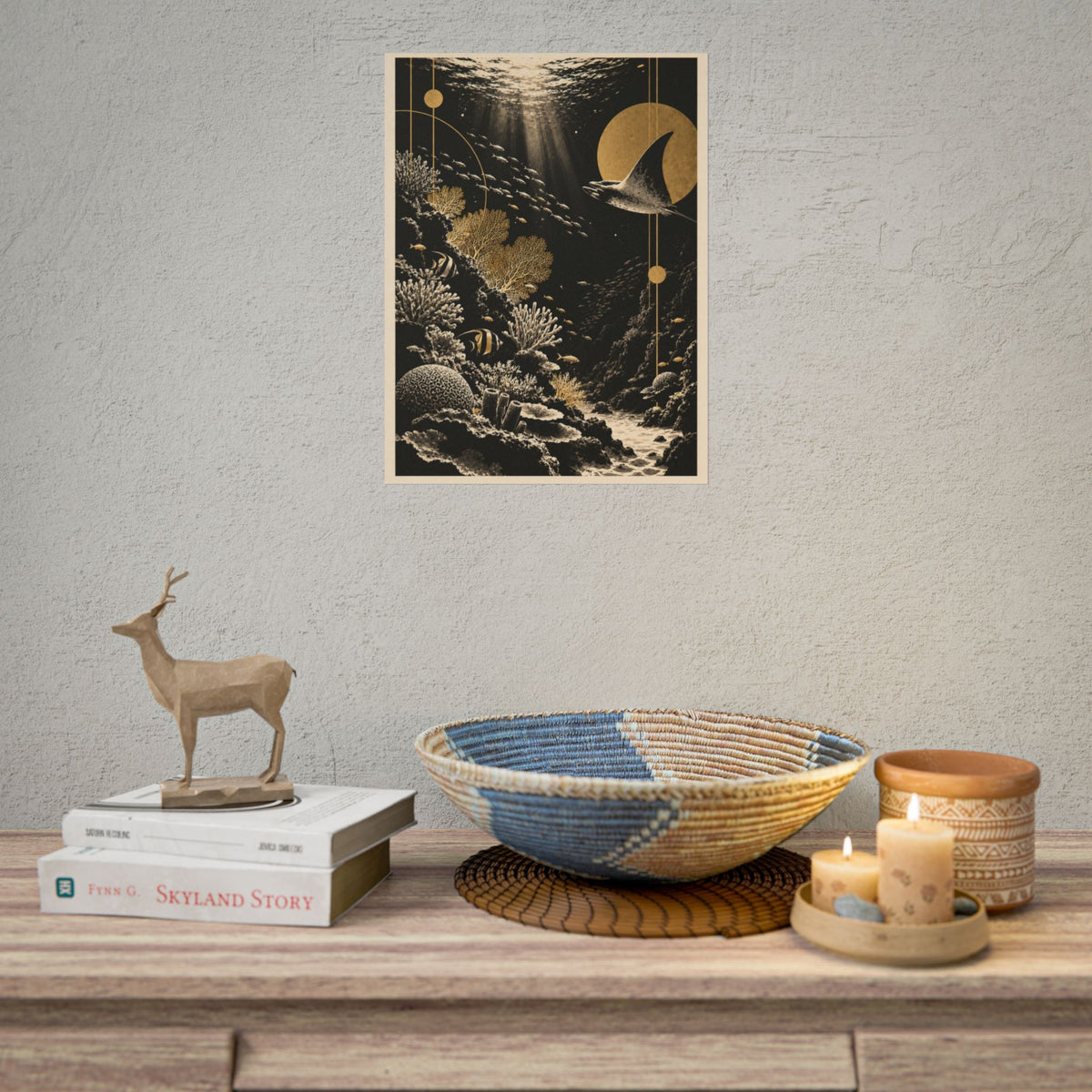Golden Manta Ray Coral Reef Wall Art | Golden Moonlight