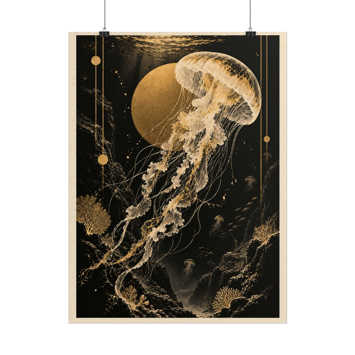 Golden Jellyfish Poster Wall Art | Golden Moonlight