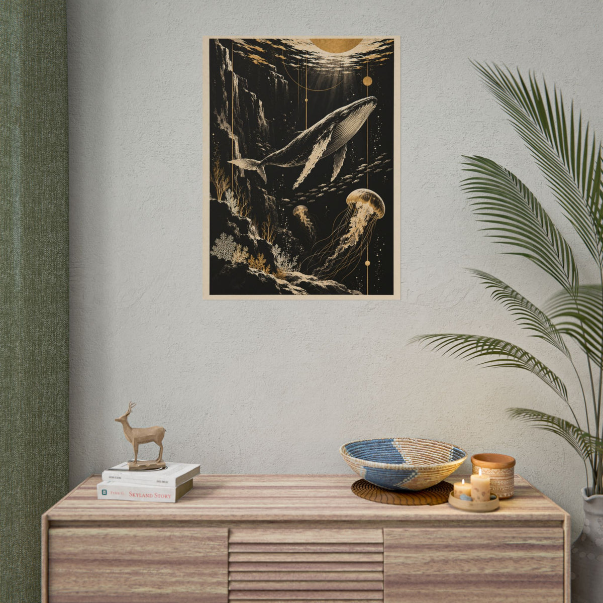 Golden Whale and Jellyfish Wall Art | Golden Moonlight
