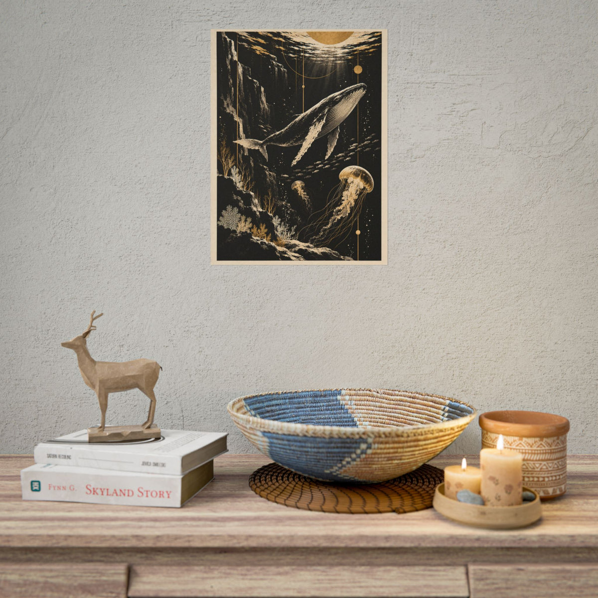 Golden Whale and Jellyfish Wall Art | Golden Moonlight