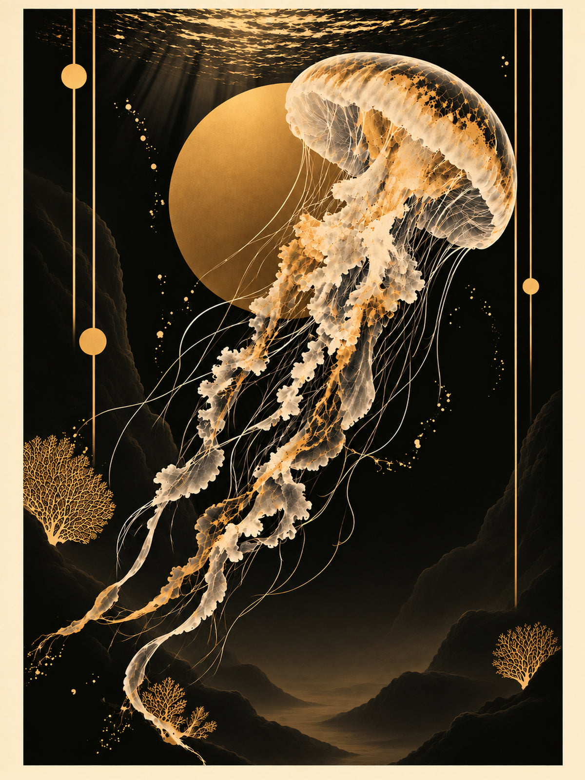 Golden Jellyfish Moon Art Print | Golden Moonlight